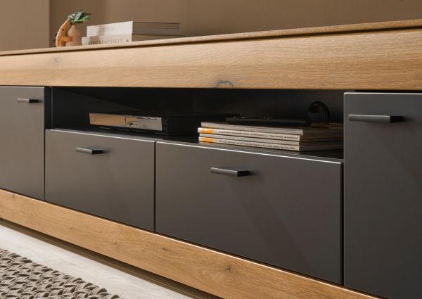 Wohnwand Assina in Evoke Eiche und grau matt Wohnkombination 300 cm, Soft-Close