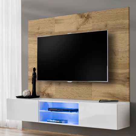 TV-Lowboard Set Public in Wotan Eiche und wei�, Flat-TV Unterschrank h�ngend mit LED und Akustikpaneel, 180 cm