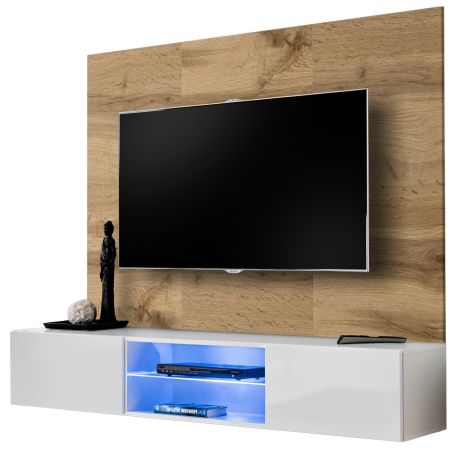TV-Lowboard Set Public in Wotan Eiche und wei�, Flat-TV Unterschrank h�ngend mit LED und Akustikpaneel, 180 cm