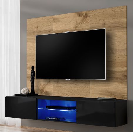 TV-Lowboard Set Public in Wotan Eiche und schwarz, Flat-TV Unterschrank h�ngend mit LED und Akustikpaneel, 180 cm