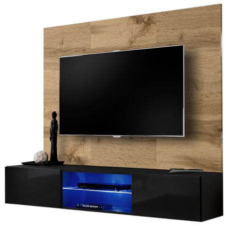 TV-Lowboard Set Public in Wotan Eiche und schwarz, Flat-TV Unterschrank h�ngend mit LED und Akustikpaneel, 180 cm