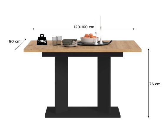 Esstisch Anton in Artisan Eiche und schwarz K�chentisch ausziehbar 120 - 160 x 80 cm