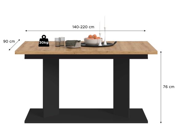 Esstisch Anton in Artisan Eiche und schwarz Tisch ausziehbar 140 - 220 x 90 cm