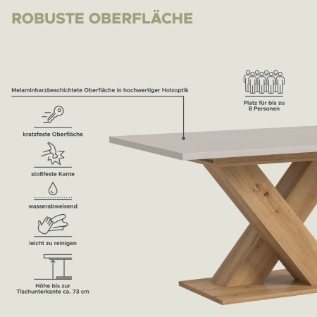 Esstisch Home-X in kaschmir und Artisan Eiche Tisch ausziehbar 150 - 190 cm