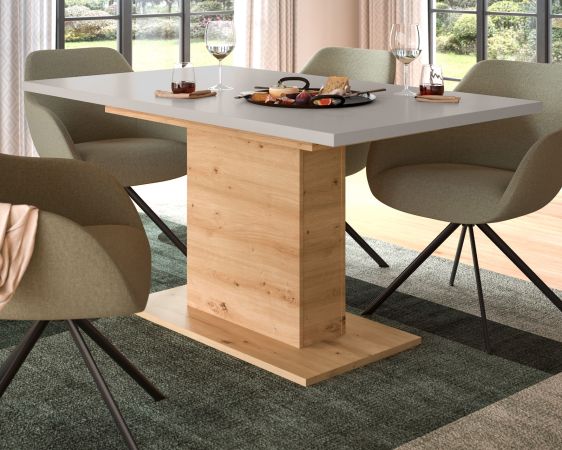 Esstisch Home-X in kaschmir und Artisan Eiche S�ulentisch ausziehbar 150 - 190 cm
