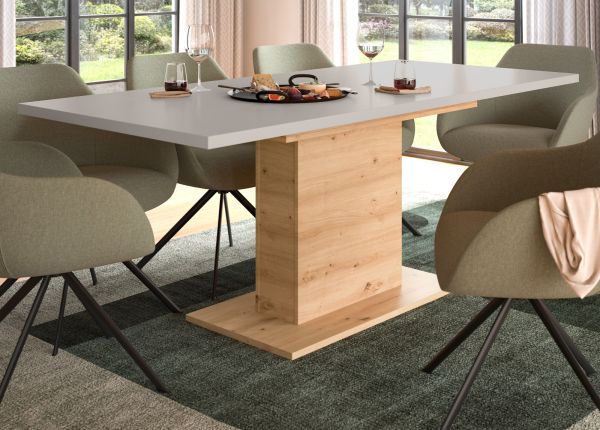 Esstisch Home-X in kaschmir und Artisan Eiche S�ulentisch ausziehbar 150 - 190 cm