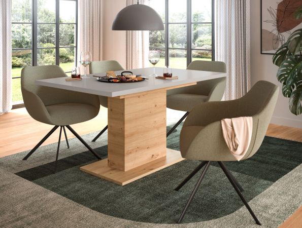 Esstisch Home-X in kaschmir und Artisan Eiche S�ulentisch ausziehbar 150 - 190 cm