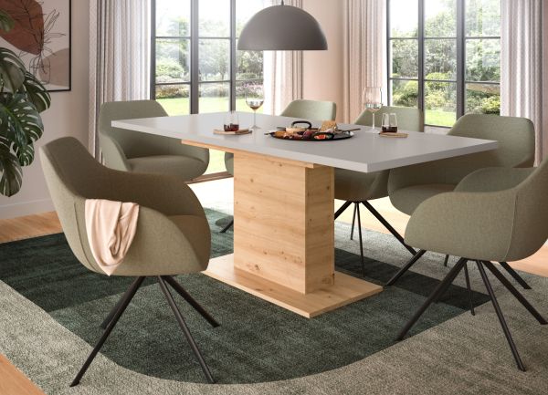 Esstisch Home-X in kaschmir und Artisan Eiche S�ulentisch ausziehbar 150 - 190 cm