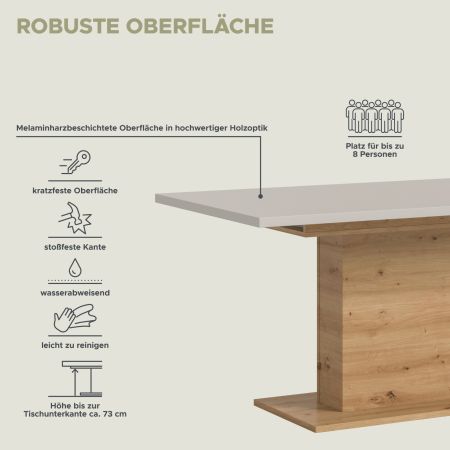 Esstisch Home-X in kaschmir und Artisan Eiche S�ulentisch ausziehbar 150 - 190 cm