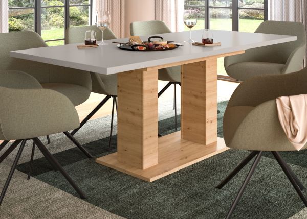 Esstisch Home-X in kaschmir und Artisan Eiche S�ulentisch ausziehbar 150 - 190 cm
