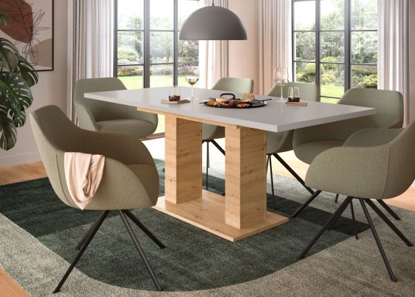 Esstisch Home-X in kaschmir und Artisan Eiche S�ulentisch ausziehbar 150 - 190 cm