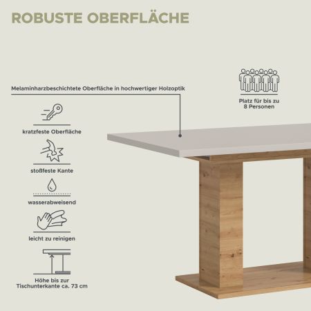 Esstisch Home-X in kaschmir und Artisan Eiche S�ulentisch ausziehbar 150 - 190 cm