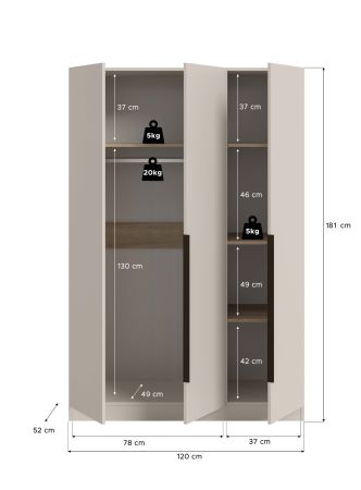 Kleiderschrank Swan in kaschmir Dreht�renschrank 3-t�rig 120 x 181 cm
