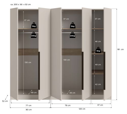 Kleiderschrank Swan in kaschmir Dreht�renschrank 5-t�rig 200 x 181 cm