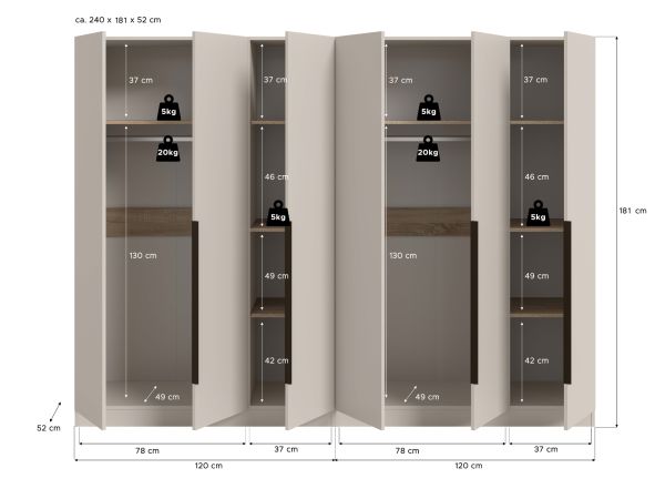 Kleiderschrank Swan in kaschmir Dreht�renschrank 6-t�rig 240 x 181 cm