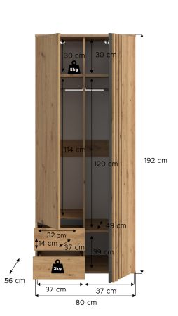 Kleiderschrank Bj�rke in Artisan Eiche und grau Dreht�renschrank 2-t�rig 80 x 192 cm