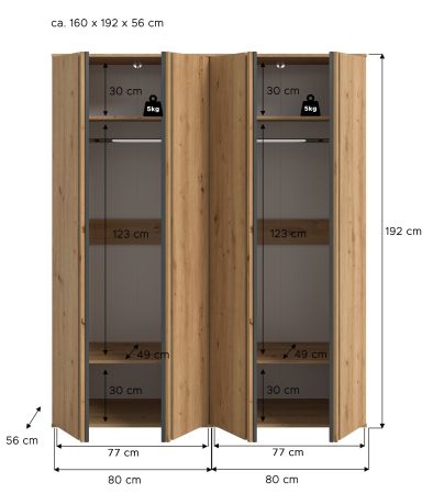 Kleiderschrank Bj�rke in Artisan Eiche und grau Dreht�renschrank 4-t�rig 160 x 192 cm