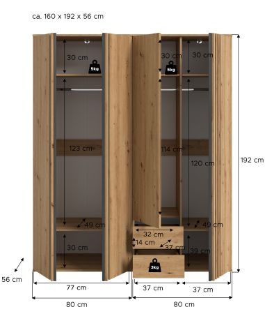 Kleiderschrank Bj�rke in Artisan Eiche und grau Dreht�renschrank 4-t�rig 160 x 192 cm