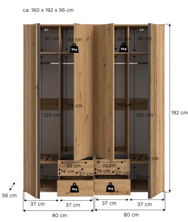 Kleiderschrank Bj�rke in Artisan Eiche und grau Dreht�renschrank 4-t�rig 160 x 192 cm