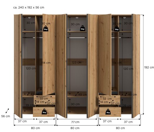 Kleiderschrank Bj�rke in Artisan Eiche und grau Dreht�renschrank 6-t�rig 240 x 192 cm