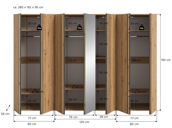 Kleiderschrank Bj�rke in Artisan Eiche und grau Dreht�renschrank mit Spiegel 280 x 192 cm