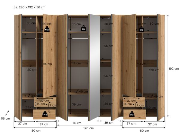 Kleiderschrank Bj�rke in Artisan Eiche und grau Dreht�renschrank mit Spiegel 280 x 192 cm