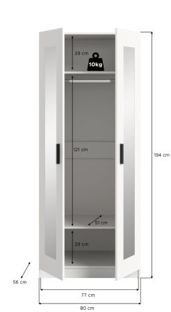 Kleiderschrank Jondal in wei� Dreht�renschrank mit Spiegel 2-t�rig skandinavisch 80 x 194 cm