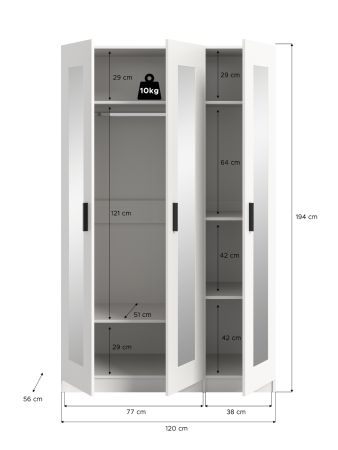 Kleiderschrank Jondal in wei� Dreht�renschrank mit Spiegel 3-t�rig skandinavisch 120 x 194 cm