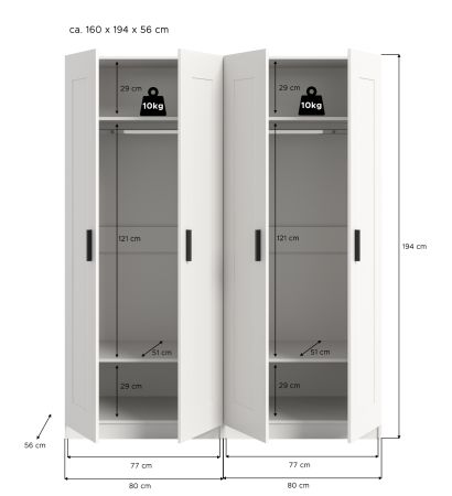 Kleiderschrank Jondal in wei� Dreht�renschrank 4-t�rig skandinavisch 160 x 194 cm