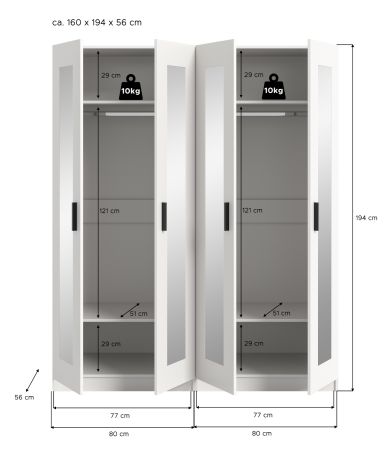 Kleiderschrank Jondal in wei� Dreht�renschrank mit Spiegel 4-t�rig skandinavisch 160 x 194 cm