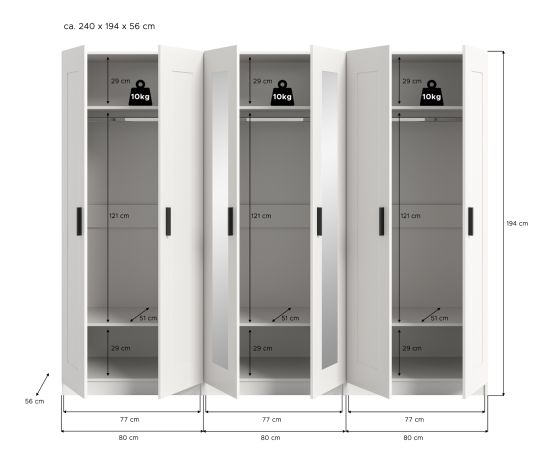 Kleiderschrank Jondal in wei� Dreht�renschrank mit Spiegel 6-t�rig skandinavisch 240 x 194 cm