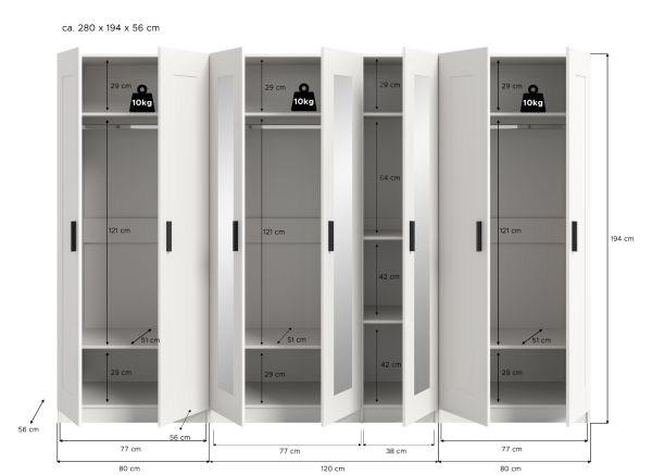 Kleiderschrank Jondal in wei� Dreht�renschrank mit Spiegel 7-t�rig skandinavisch 280 x 194 cm