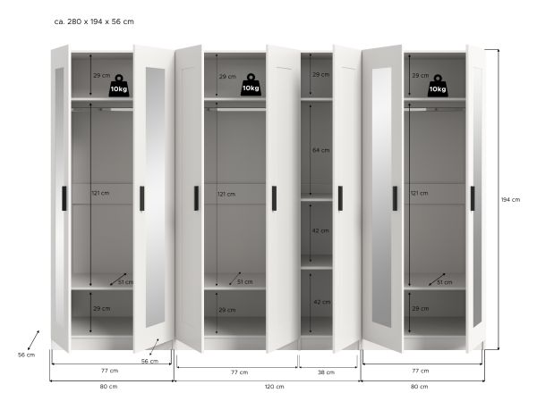 Kleiderschrank Jondal in wei� Dreht�renschrank mit Spiegel 7-t�rig skandinavisch 280 x 194 cm