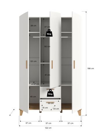 Kleiderschrank Aurora in wei� und Artisan Eiche Dreht�renschrank skandinavisch 122 x 198 cm