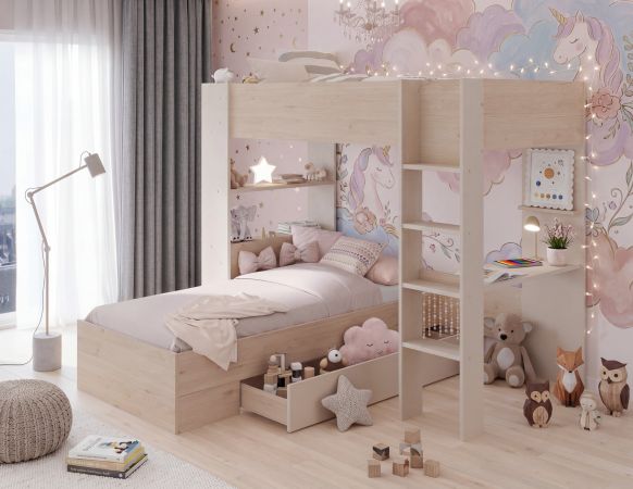 Parisot Etagenbett Oasis in Jackson Eiche und Kaschmir Kinder und Jugendzimmer Hochbett Liegefl�che 2x 90 x 200 cm