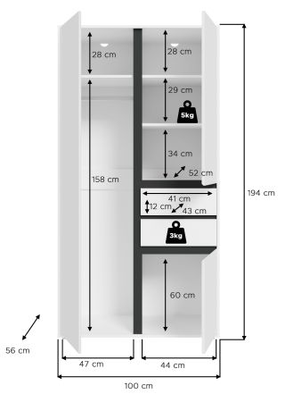Kleiderschrank Forssa in wei� und grau Dreht�renschrank 100 x 194 cm