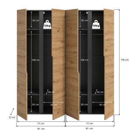 Kleiderschrank Orla in Artisan Eiche und grau Dreht�renschrank 4-t�rig 162 x 176 cm
