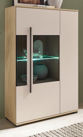 Highboard Design-D in Kaschmir und Cremona Eiche Vitrine 90 x 140 cm