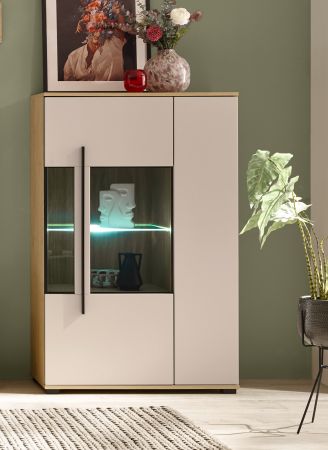 Highboard Design-D in Kaschmir und Cremona Eiche Vitrine 90 x 140 cm