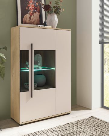 Highboard Design-D in Kaschmir und Cremona Eiche Vitrine 90 x 140 cm