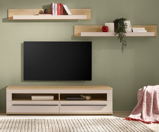 TV-Lowboard Design-D in Kaschmir und Cremona Eiche TV Unterteil 180 cm, mit Soft-Close