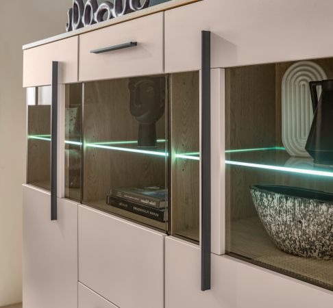 Highboard Design-D in Kaschmir und Cremona Eiche Vitrine 160 x 126 cm, mit Soft-Close