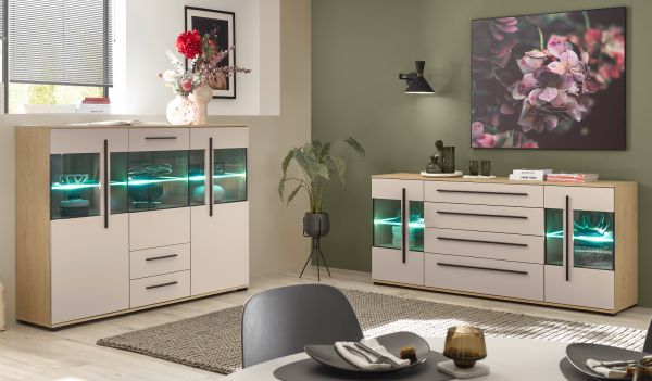 Highboard Design-D in Kaschmir und Cremona Eiche Vitrine 160 x 126 cm, mit Soft-Close