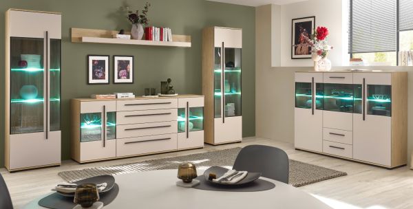 Highboard Design-D in Kaschmir und Cremona Eiche Vitrine 160 x 126 cm, mit Soft-Close