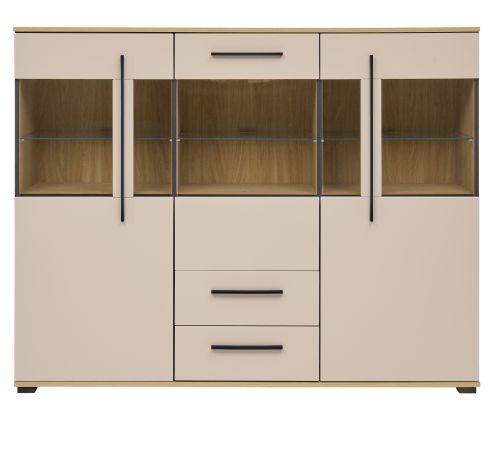 Highboard Design-D in Kaschmir und Cremona Eiche Vitrine 160 x 126 cm, mit Soft-Close