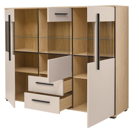 Highboard Design-D in Kaschmir und Cremona Eiche Vitrine 160 x 126 cm, mit Soft-Close