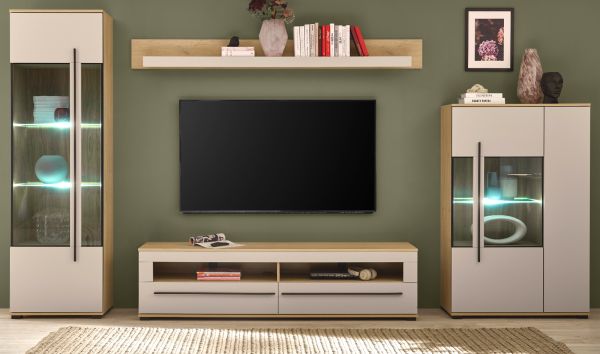 Wohnwand Design-D in Kaschmir und Cremona Eiche Wohnkombination Set 4-teilig 350 cm, mit Soft-Close