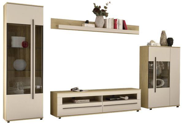 Wohnwand Design-D in Kaschmir und Cremona Eiche Wohnkombination Set 4-teilig 350 cm, mit Soft-Close