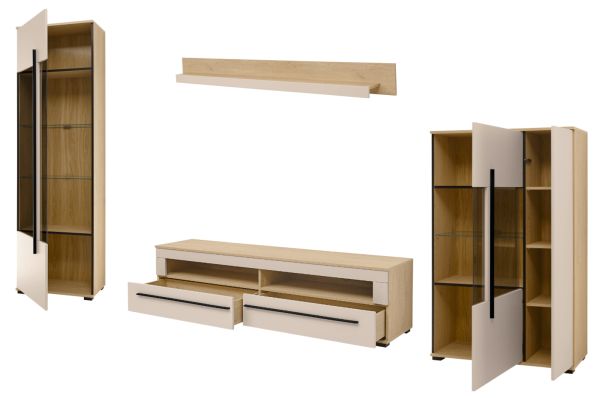 Wohnwand Design-D in Kaschmir und Cremona Eiche Wohnkombination Set 4-teilig 350 cm, mit Soft-Close