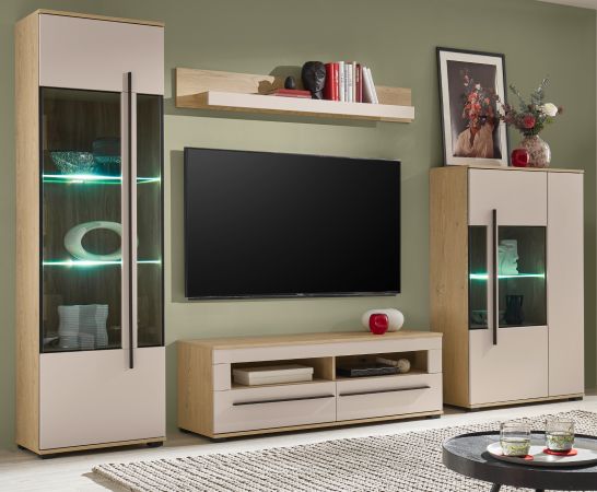 Wohnwand Design-D in Kaschmir und Cremona Eiche Wohnkombination Set 4-teilig 310 cm, mit Soft-Close